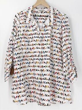 John Mark Bird Print Button Front Tunic Top 2X 3/4 Sleeve Tassel Detail Novelty